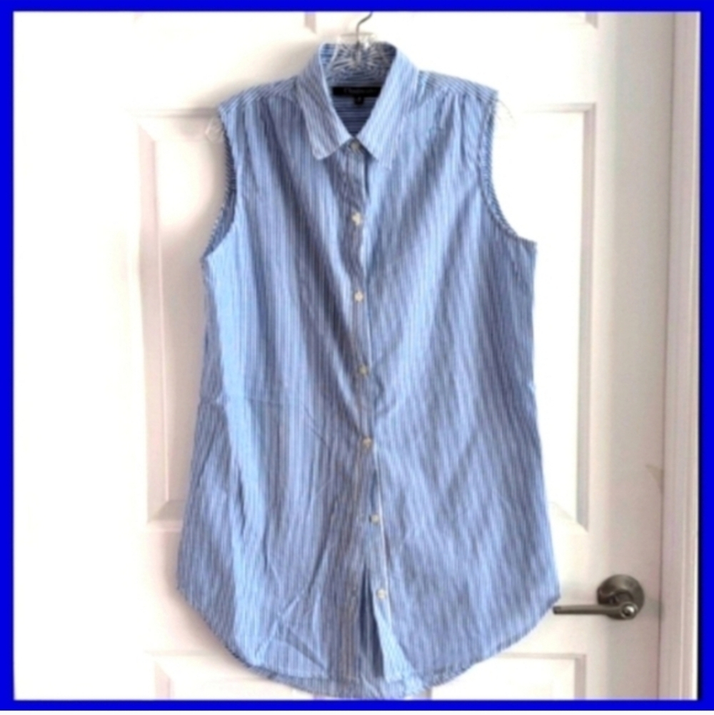 Blue striped sleeveless button-up casual Collared Shirt swim coverup 100%Cotton